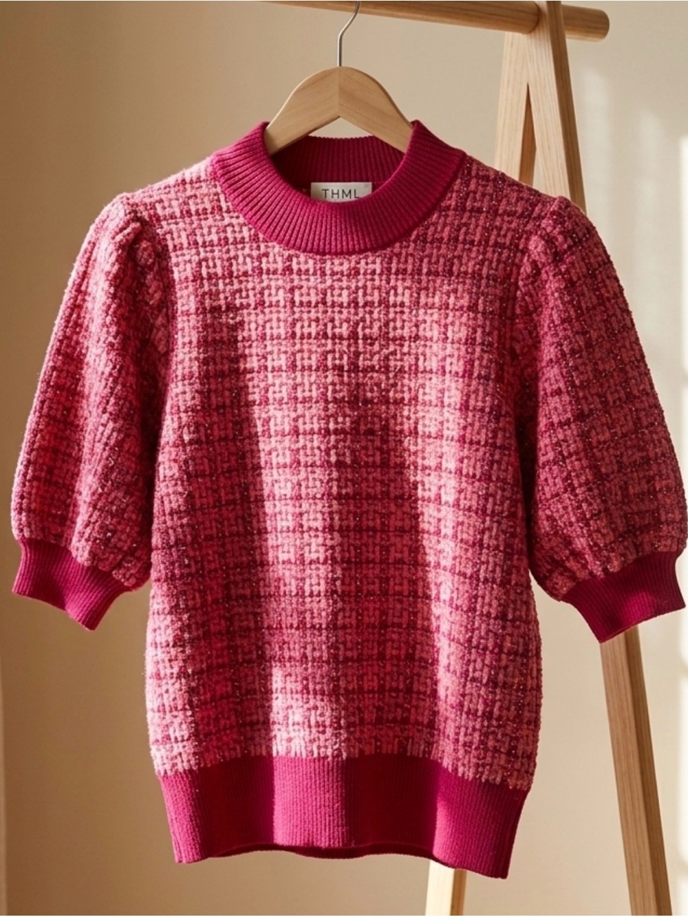 THML Raspberry Pink Tweed Short-Sleeve Crew Sweater